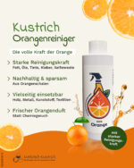 Kustrich Orangenreiniger-Konzentrat Flasche mit Orangen und Produktmerkmalen